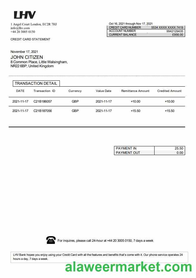 United Kingdom LHV Group bank statement in Word and PDF format